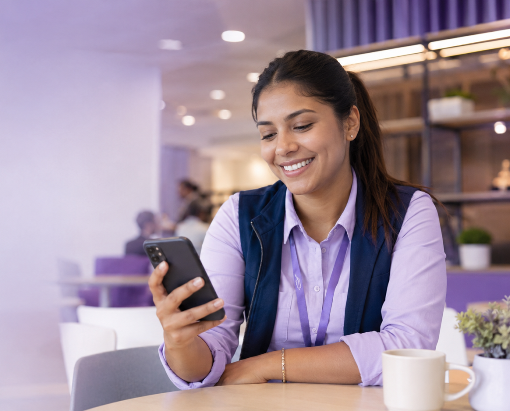 Mujer asesora de ventas solicitando en el celular un crédito de libranza